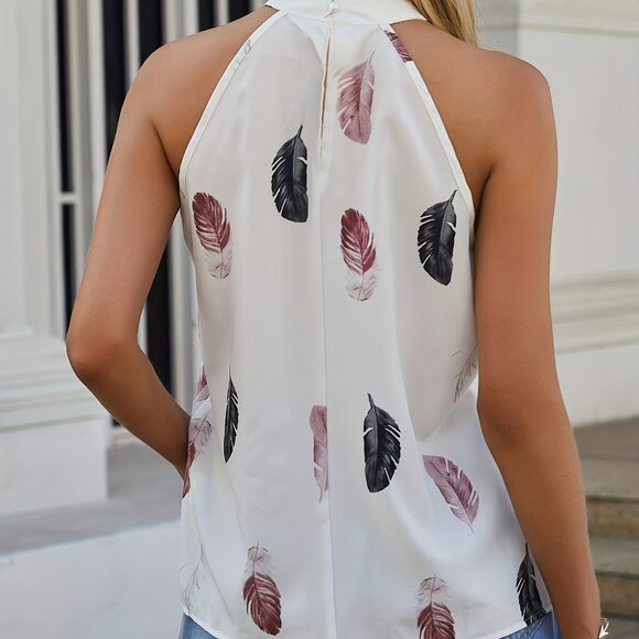 Multicolor Halter Top with Feather Print and Keyhole Back - Picture 5 of 6